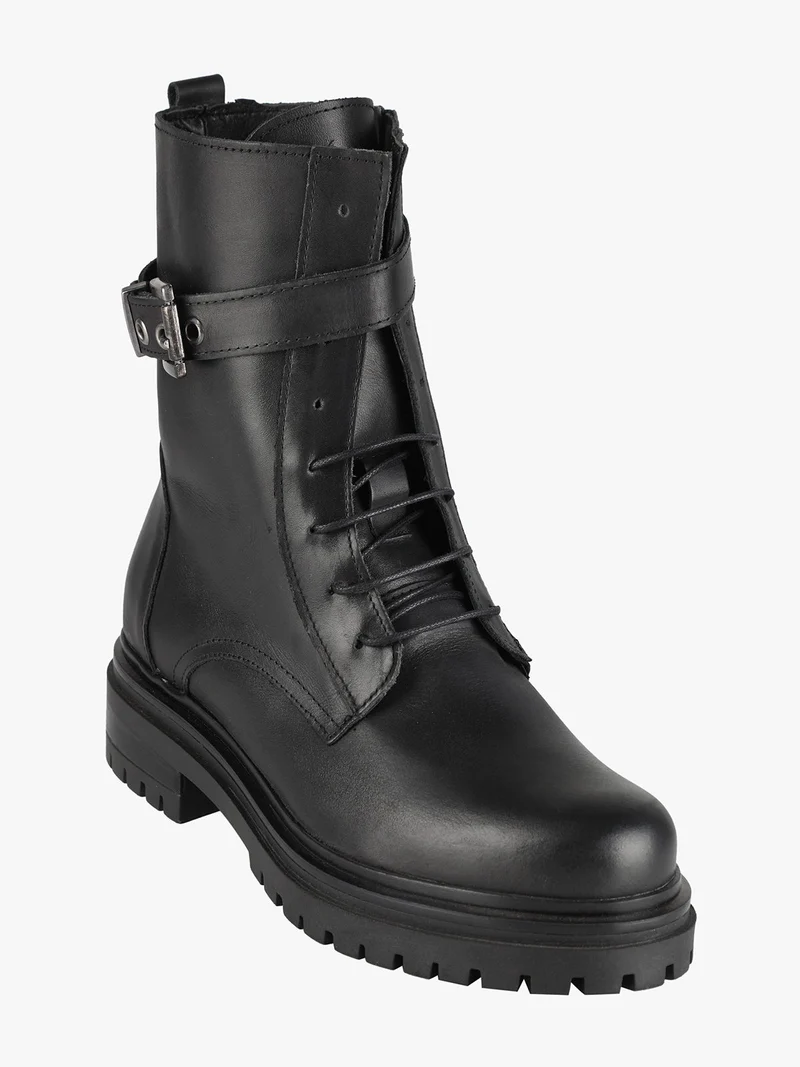 Anfibi donna in pelle con lacci e zip - nero