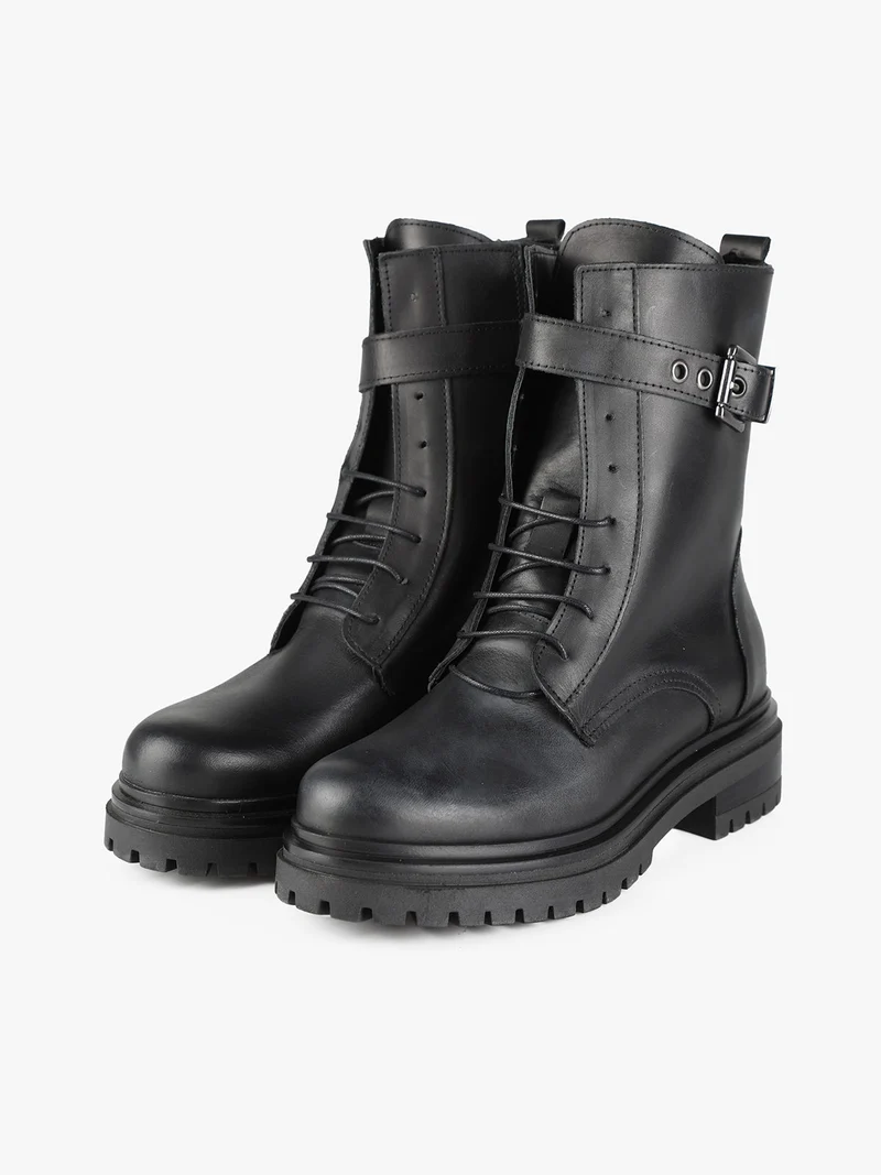 Anfibi donna in pelle con lacci e zip - nero