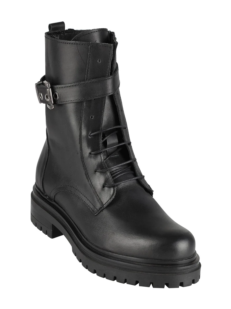 Anfibi donna in pelle con lacci e zip - nero