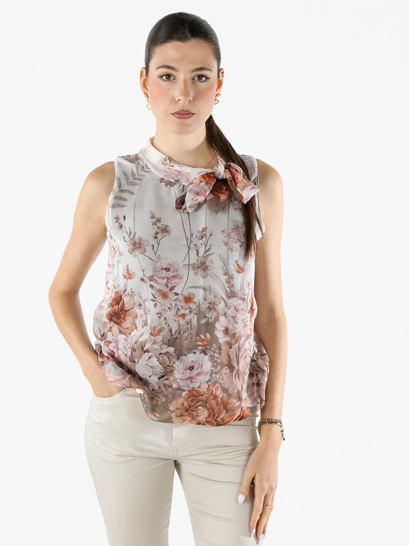 Top donna floreale con fiocco al collo - multicolore