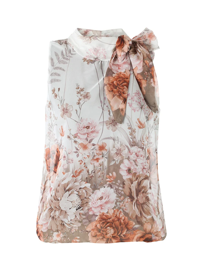Top donna floreale con fiocco al collo - multicolore