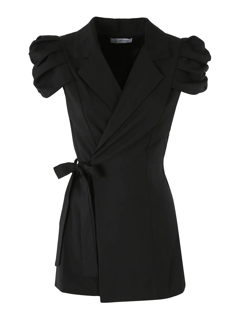 Blazer donna incrociato a maniche corte con spalle a sbuffo - nero