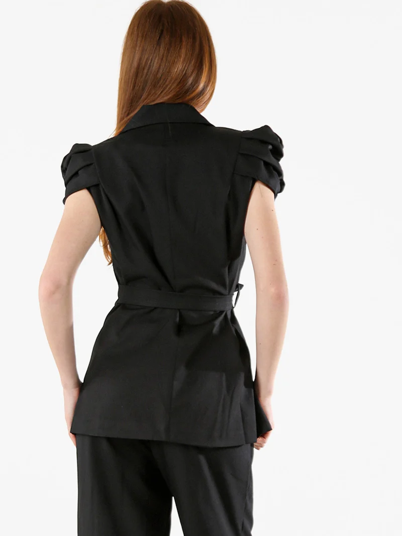 Blazer donna incrociato a maniche corte con spalle a sbuffo - nero