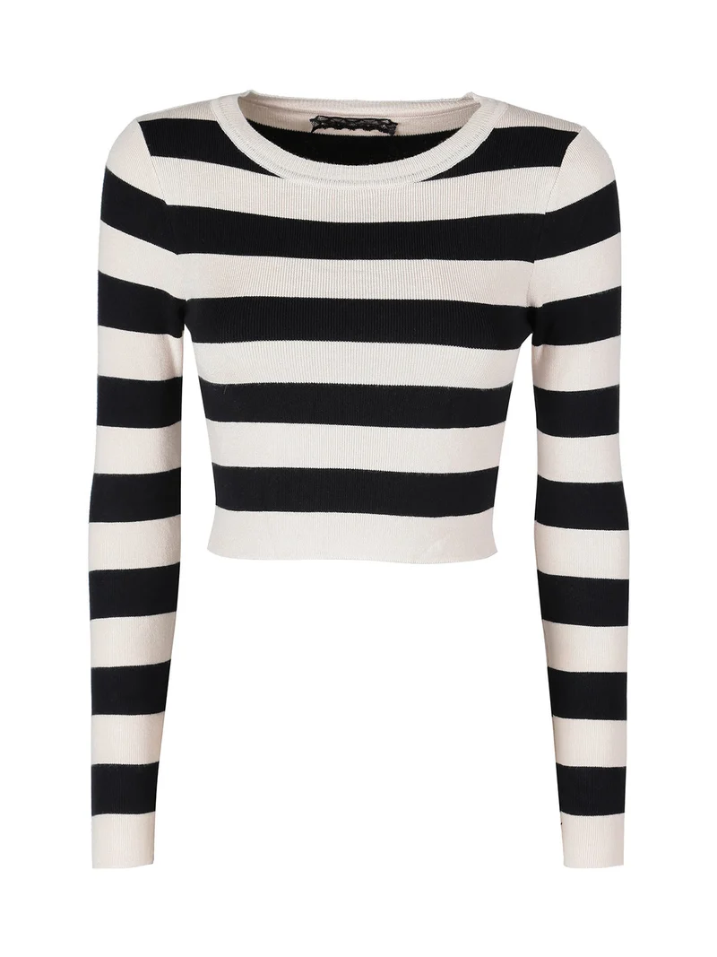 Pullover donna in maglia a righe orizzontali - beige