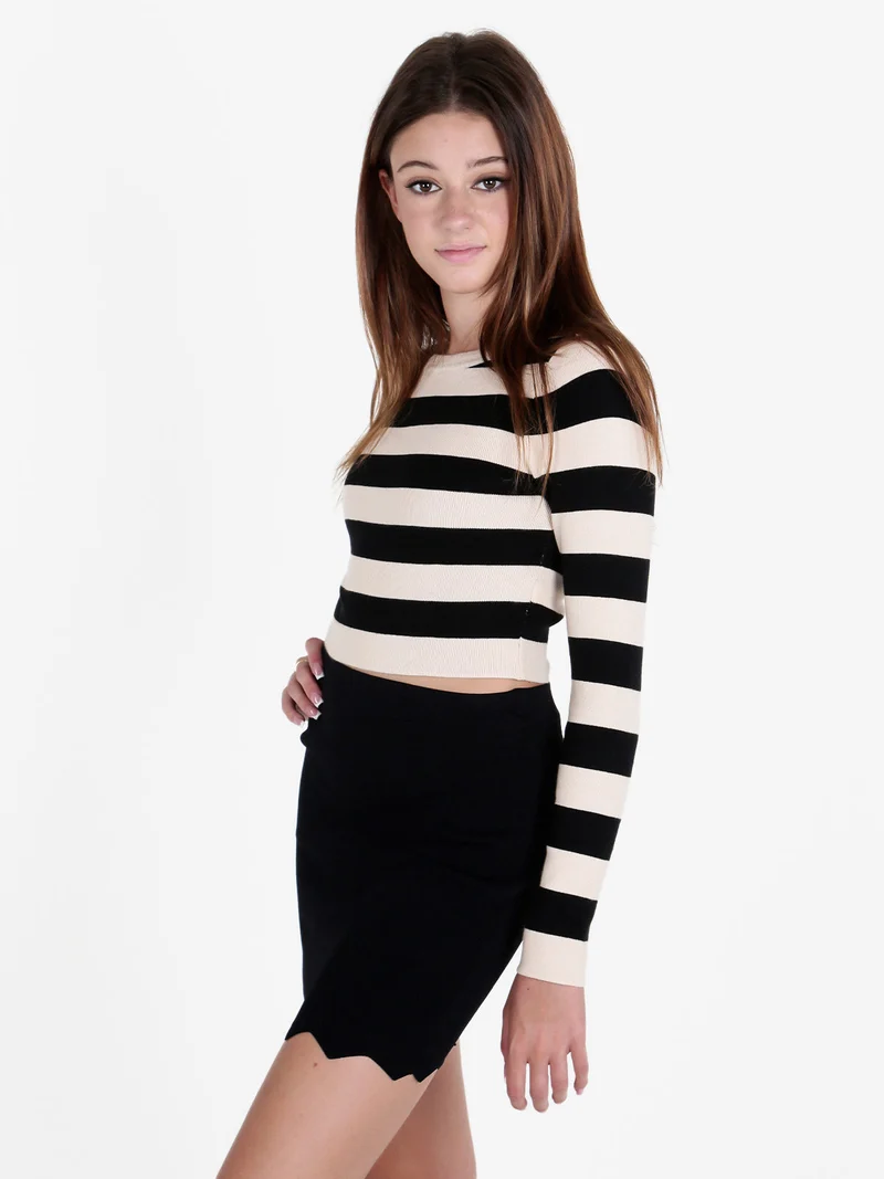 Pullover donna in maglia a righe orizzontali - beige