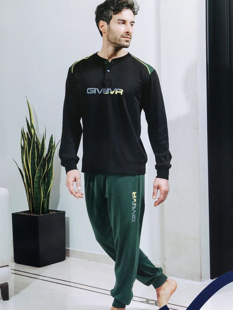 Pigiama lungo da uomo in cotone interlock - nero