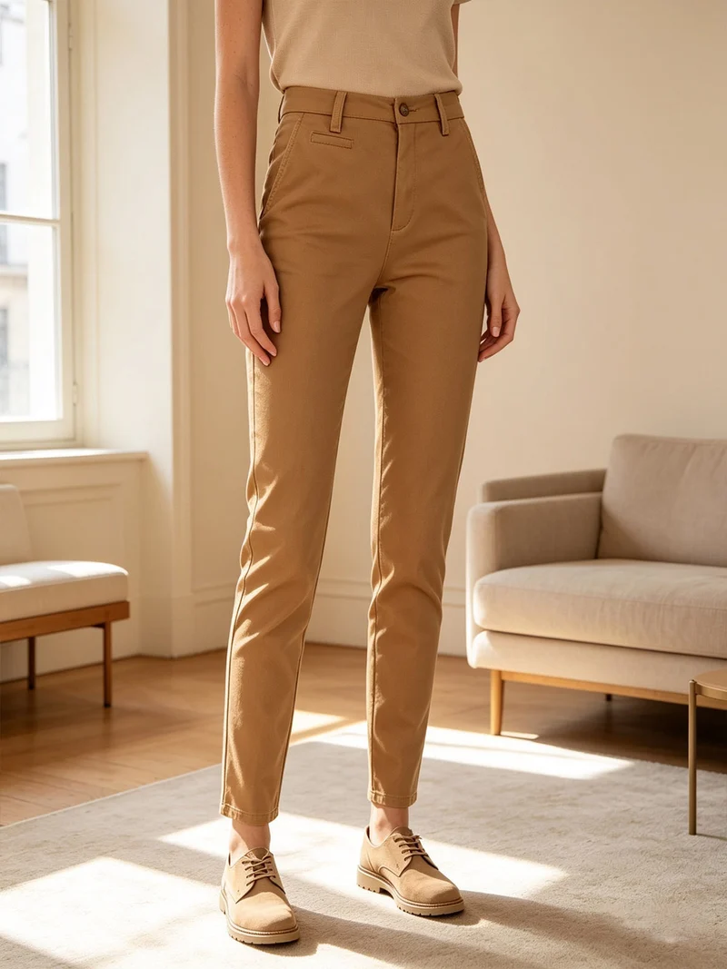 Pantaloni donna in cotone a gamba dritta - cammello