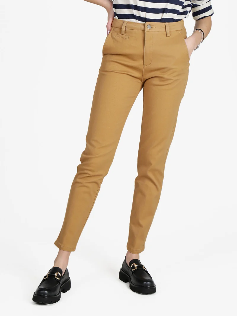 Pantaloni donna in cotone a gamba dritta - cammello