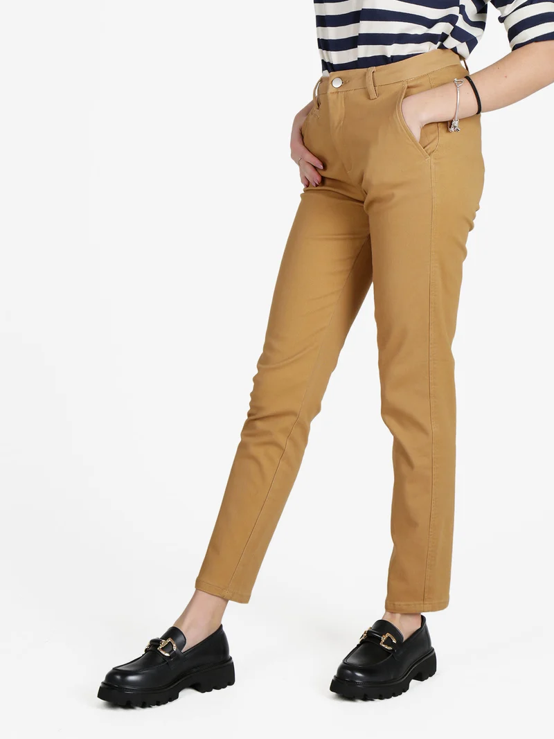 Pantaloni donna in cotone a gamba dritta - cammello