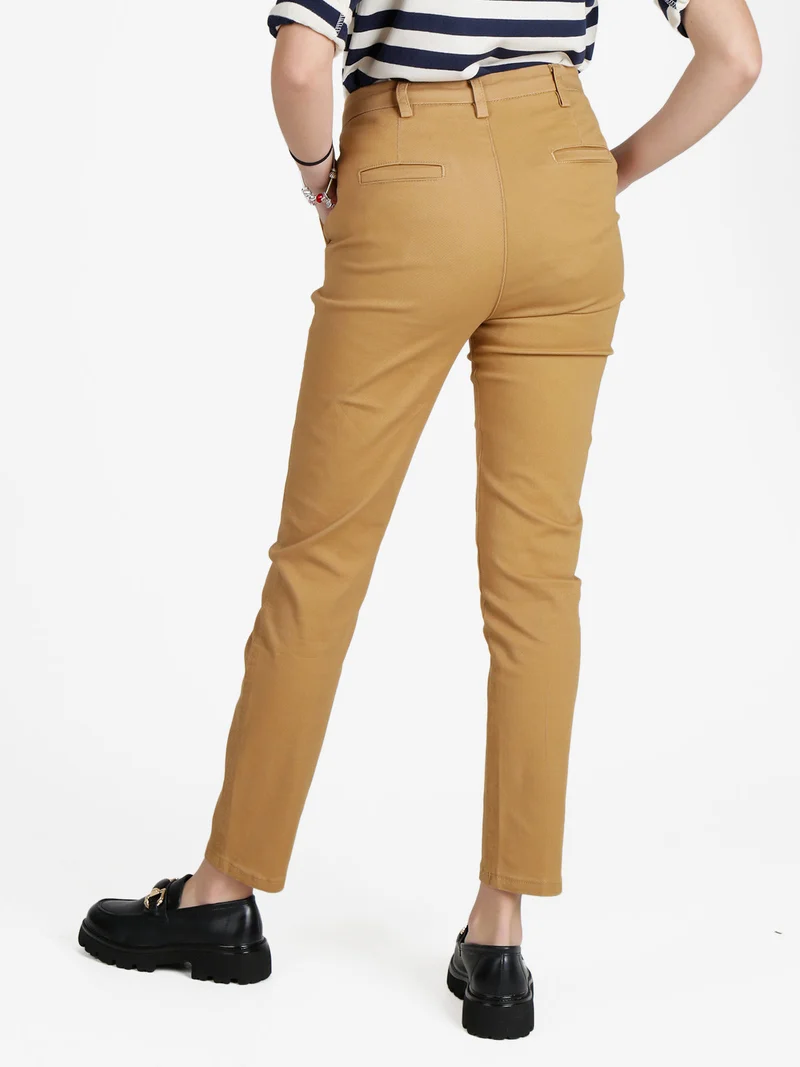 Pantaloni donna in cotone a gamba dritta - cammello