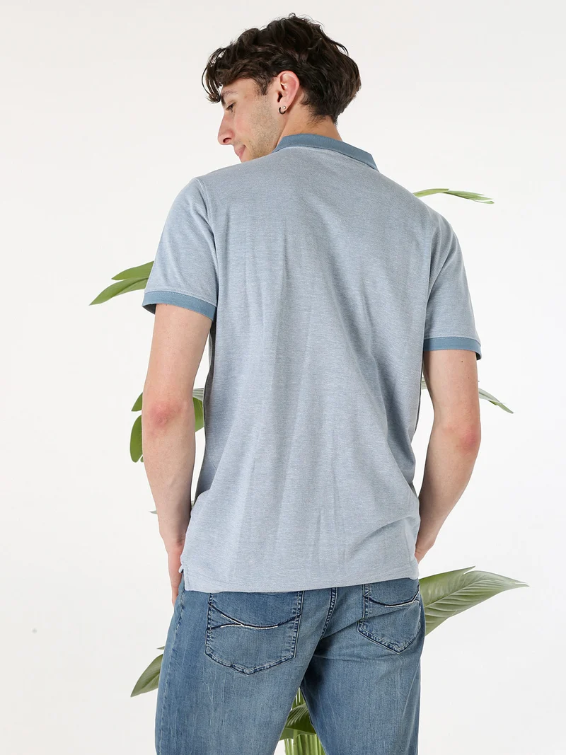 Polo da uomo in cotone a maniche corte con taschino - azzurro