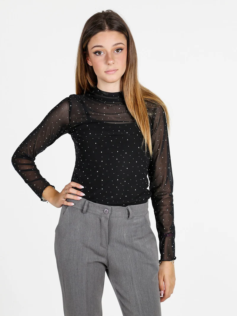 Maglia donna a lupetto in microrete con borchie - nero