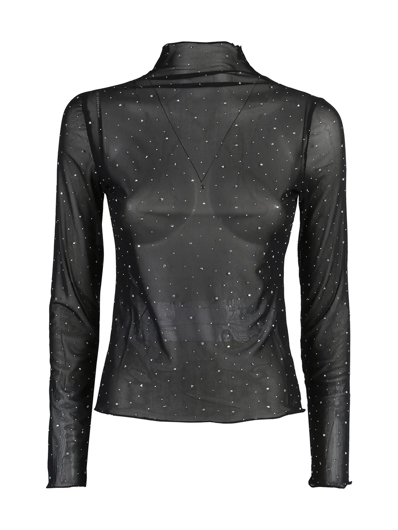 Maglia donna a lupetto in microrete con borchie - nero