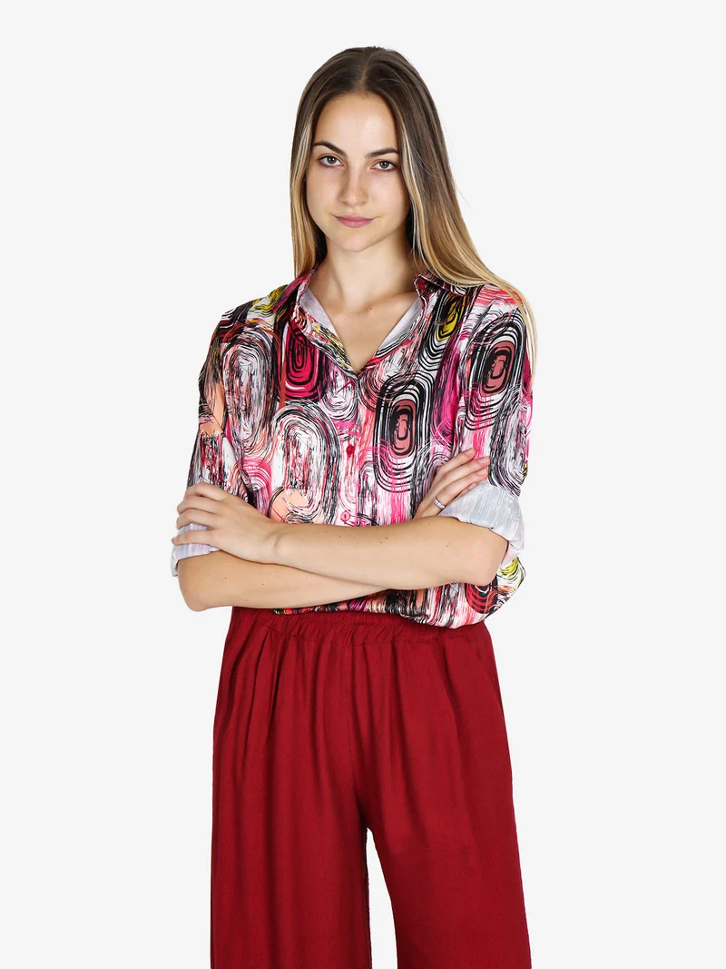 Camicia donna a maniche lunghe con stampa a fantasia - fucsia