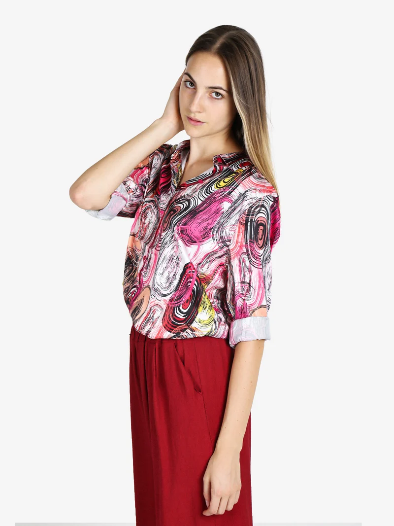 Camicia donna a maniche lunghe con stampa a fantasia - fucsia