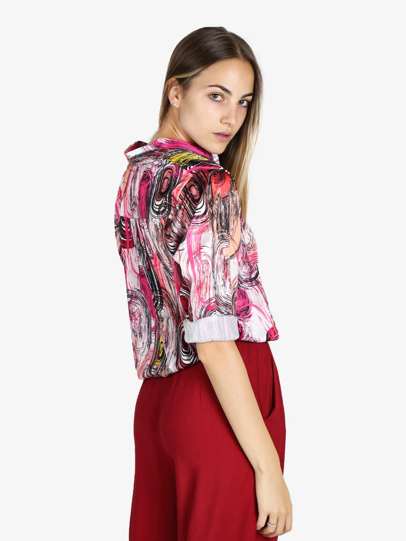 Camicia donna a maniche lunghe con stampa a fantasia - fucsia