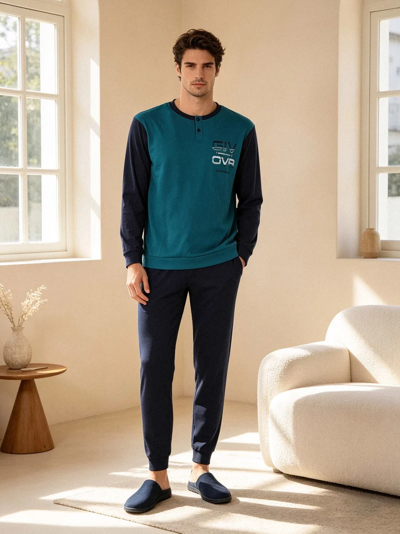 Pigiama lungo da uomo in misto cotone interlock - ottanio