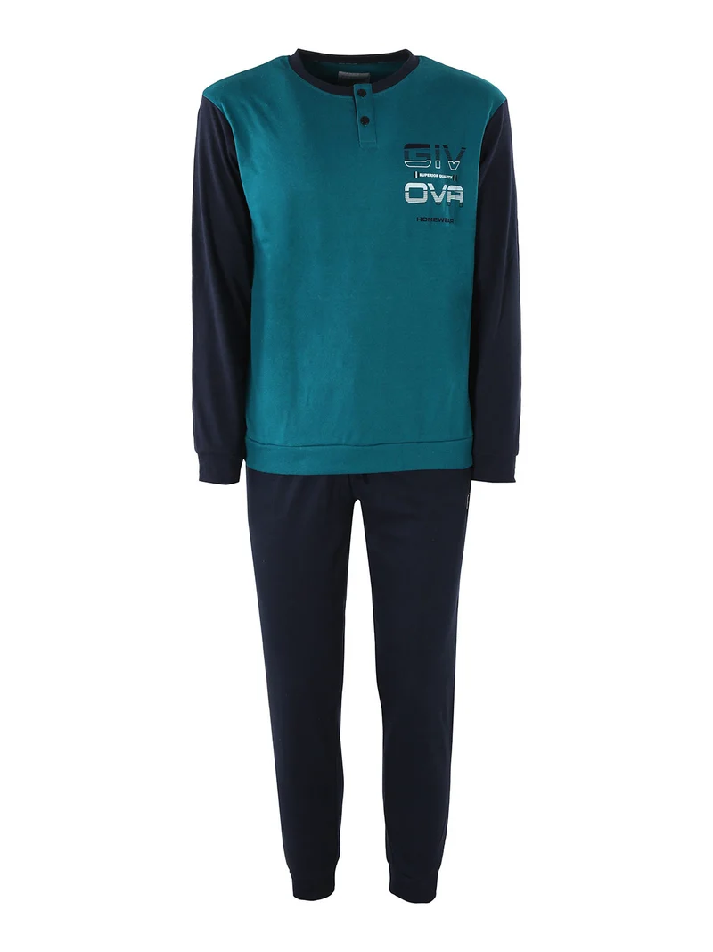 Pigiama lungo da uomo in misto cotone interlock - ottanio