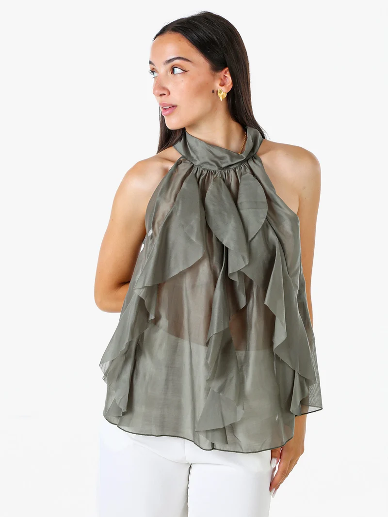 Top donna con volant e allacciatura al collo - oliva