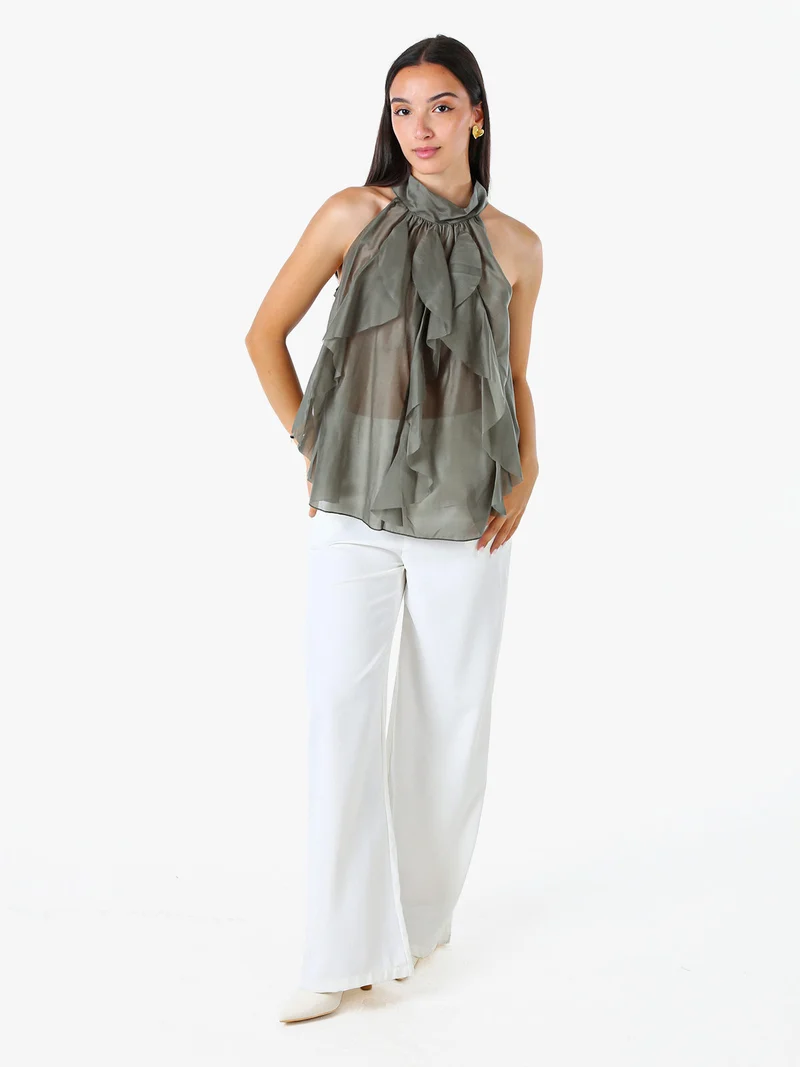 Top donna con volant e allacciatura al collo - oliva