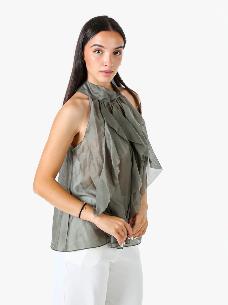 Top donna con volant e allacciatura al collo - oliva