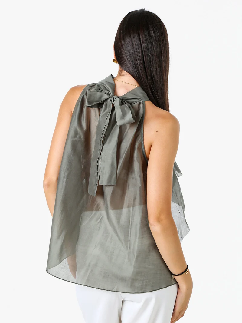 Top donna con volant e allacciatura al collo - oliva