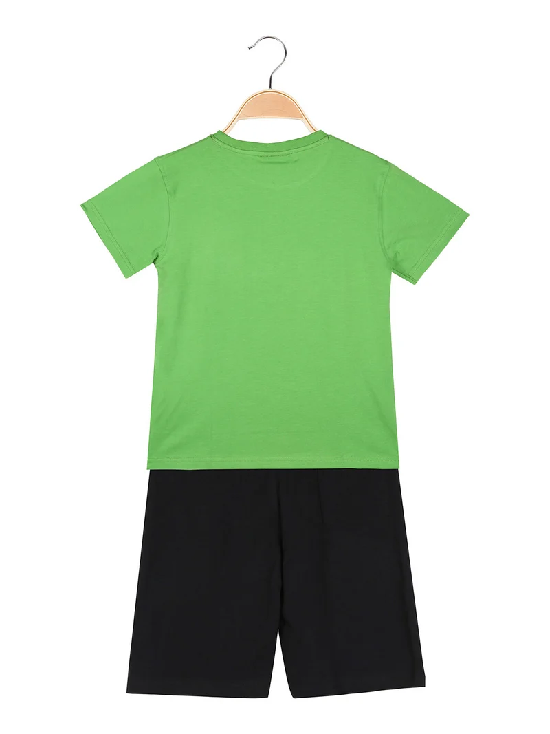 Completo corto da bambino in cotone con t-shirt logo e bermuda - verde