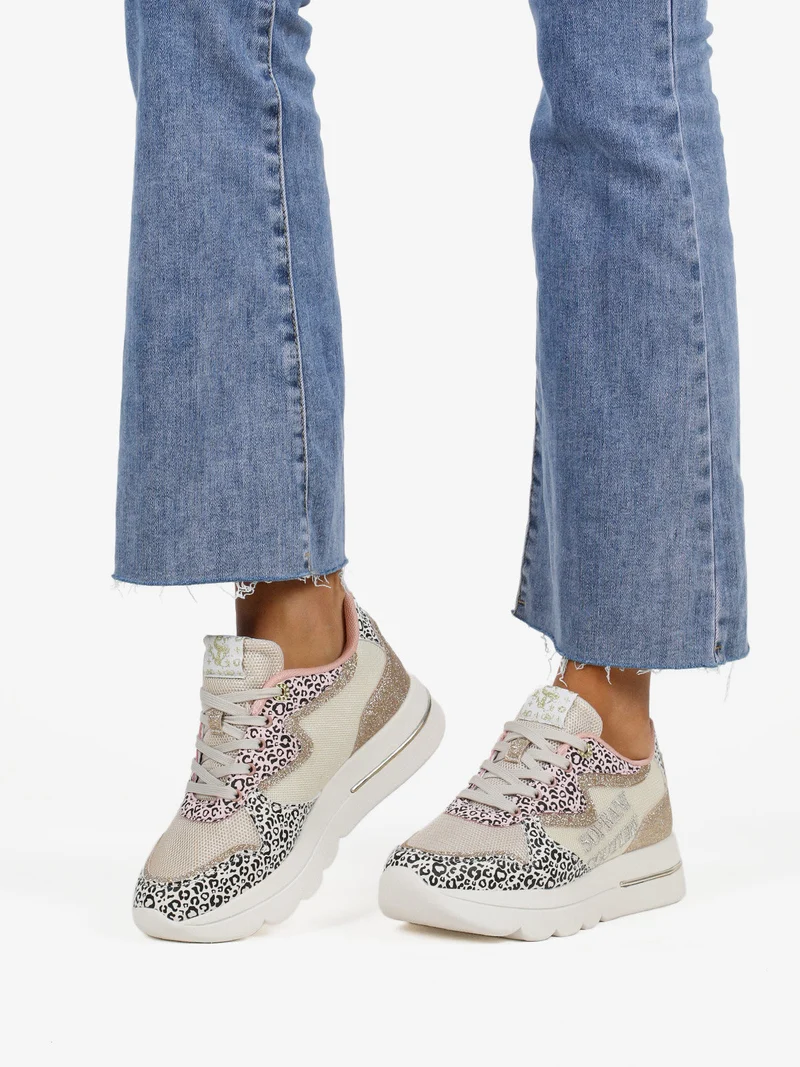 Sneakers donna animalier con glitter e platform - beige