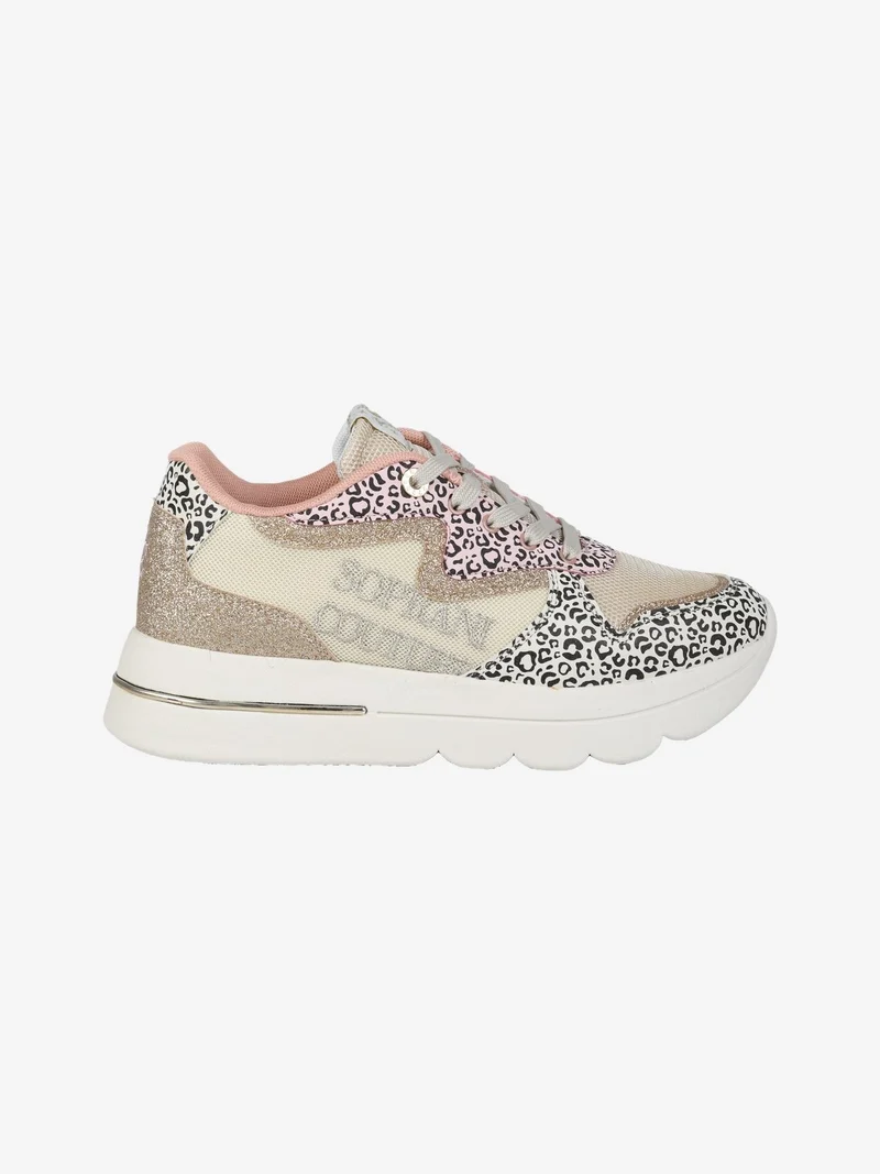 Sneakers donna animalier con glitter e platform - beige