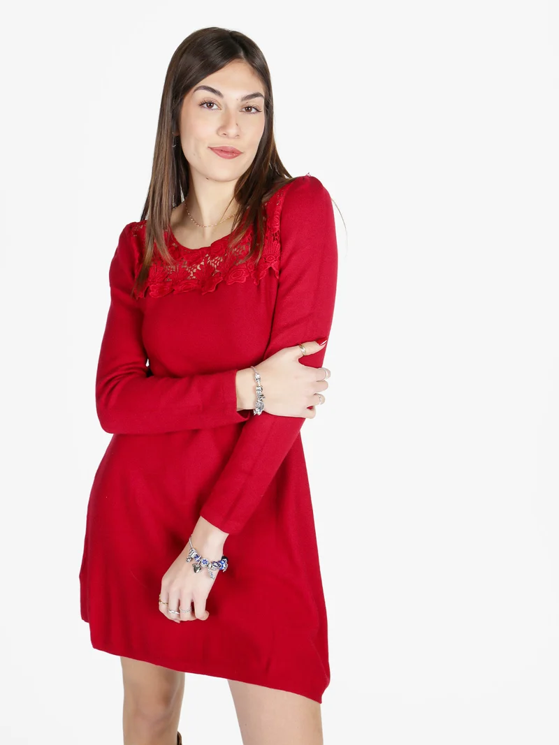 Vestito da donna a maniche lunghe con scollo in pizzo macramè - rosso