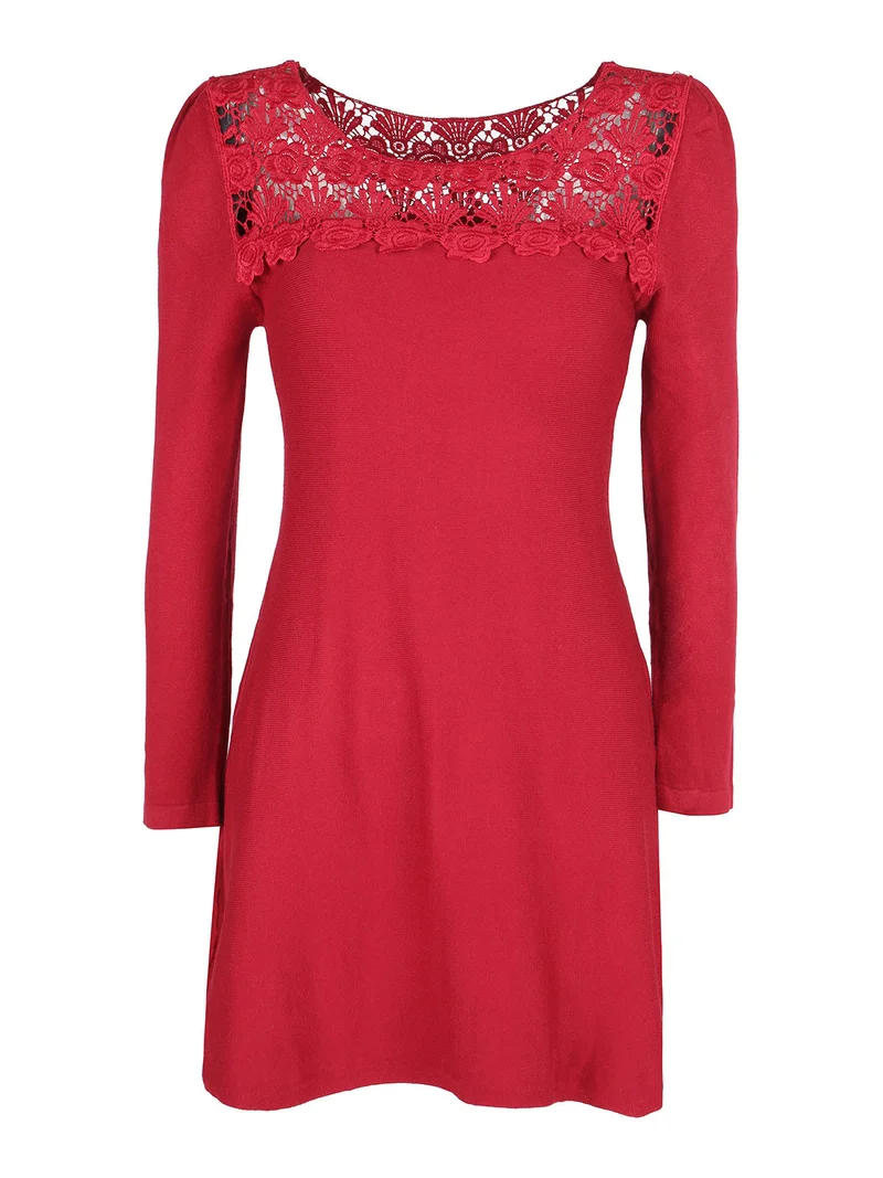 Vestito da donna a maniche lunghe con scollo in pizzo macramè - rosso