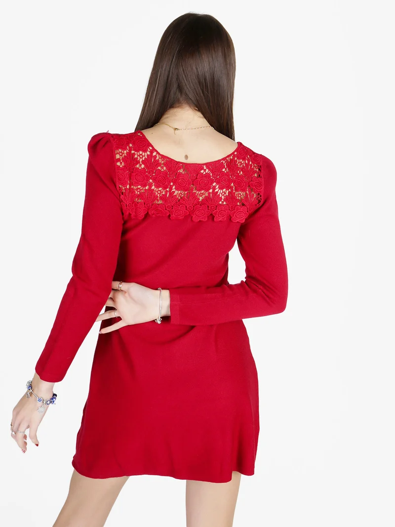 Vestito da donna a maniche lunghe con scollo in pizzo macramè - rosso