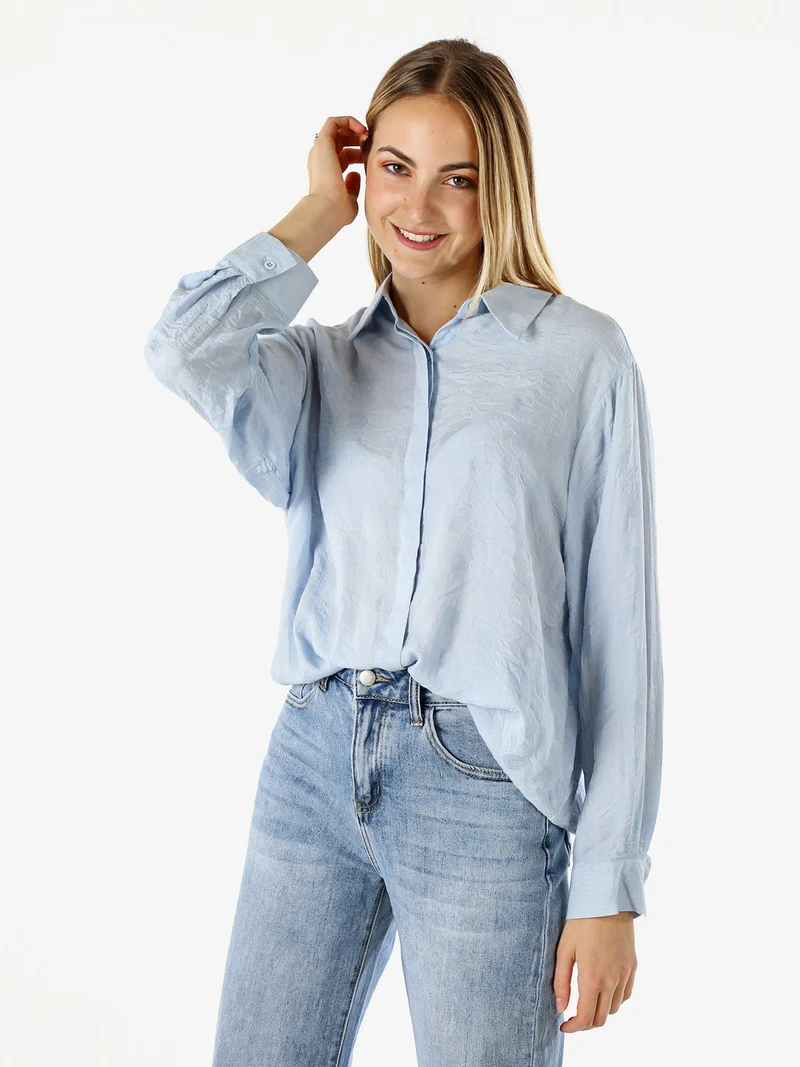 Camicia donna oversize a maniche lunghe in misto cotone - azzurro