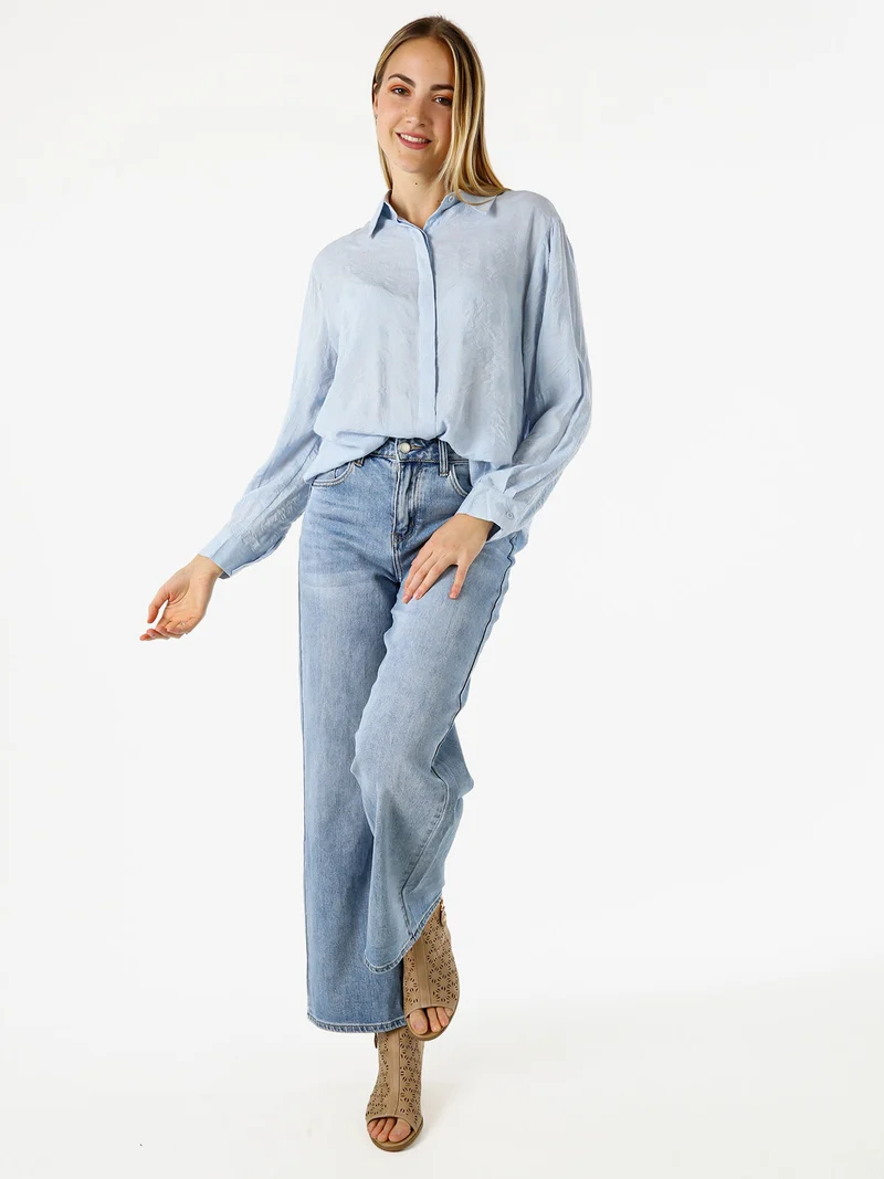 Camicia donna oversize a maniche lunghe in misto cotone - azzurro