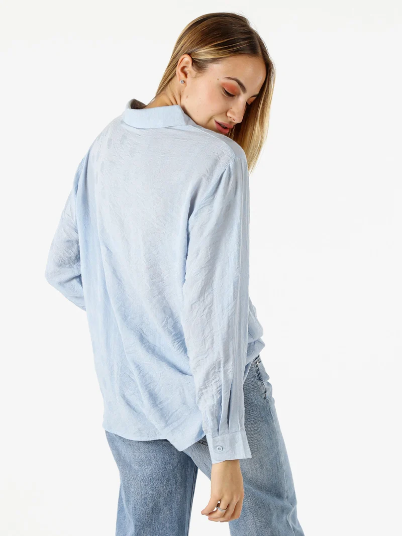 Camicia donna oversize a maniche lunghe in misto cotone - azzurro