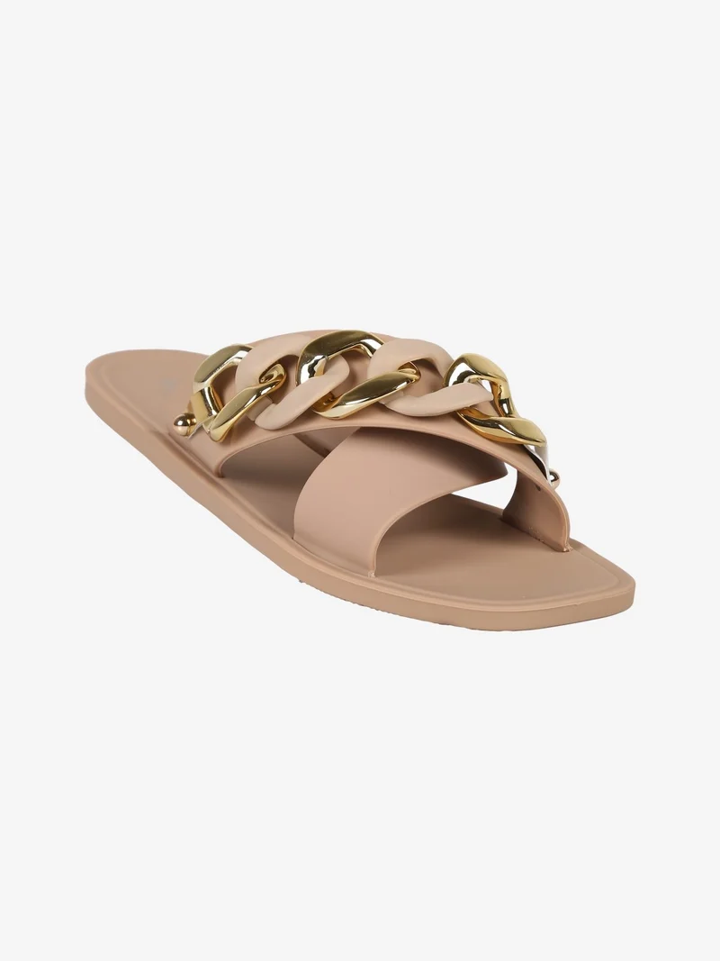 Ciabatte donna in gomma con fascia intrecciata e catena - beige