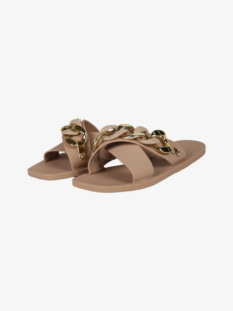 Ciabatte donna in gomma con fascia intrecciata e catena - beige