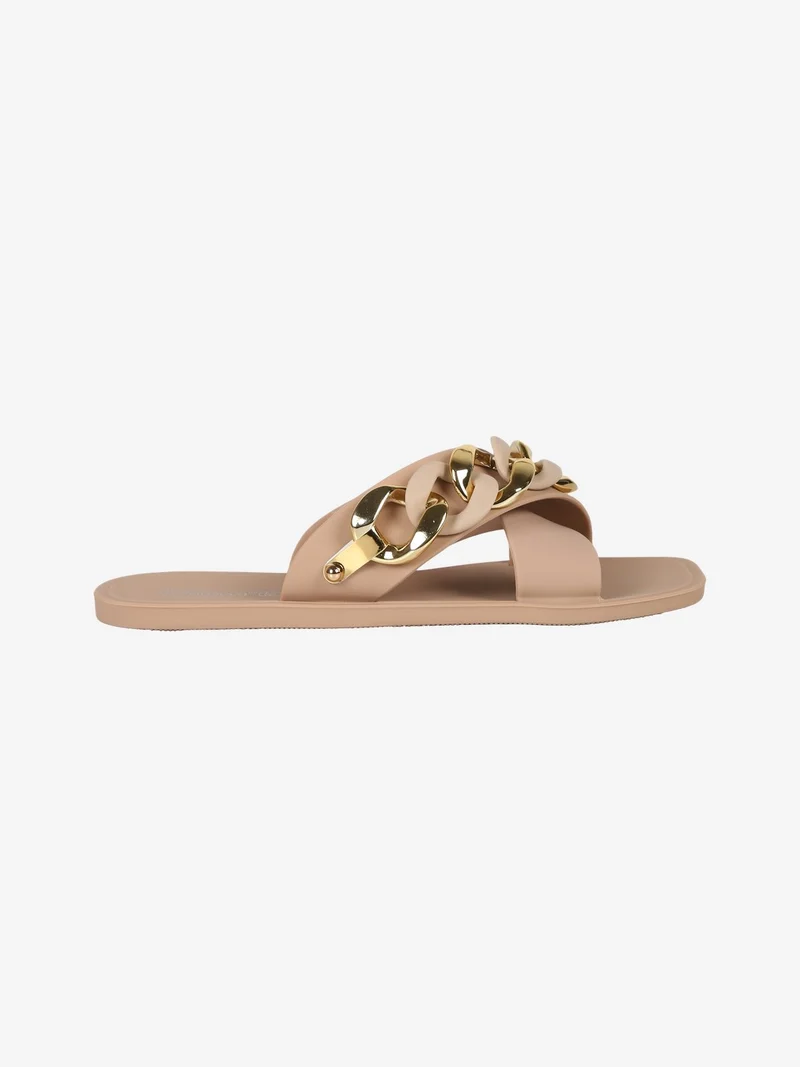 Ciabatte donna in gomma con fascia intrecciata e catena - beige