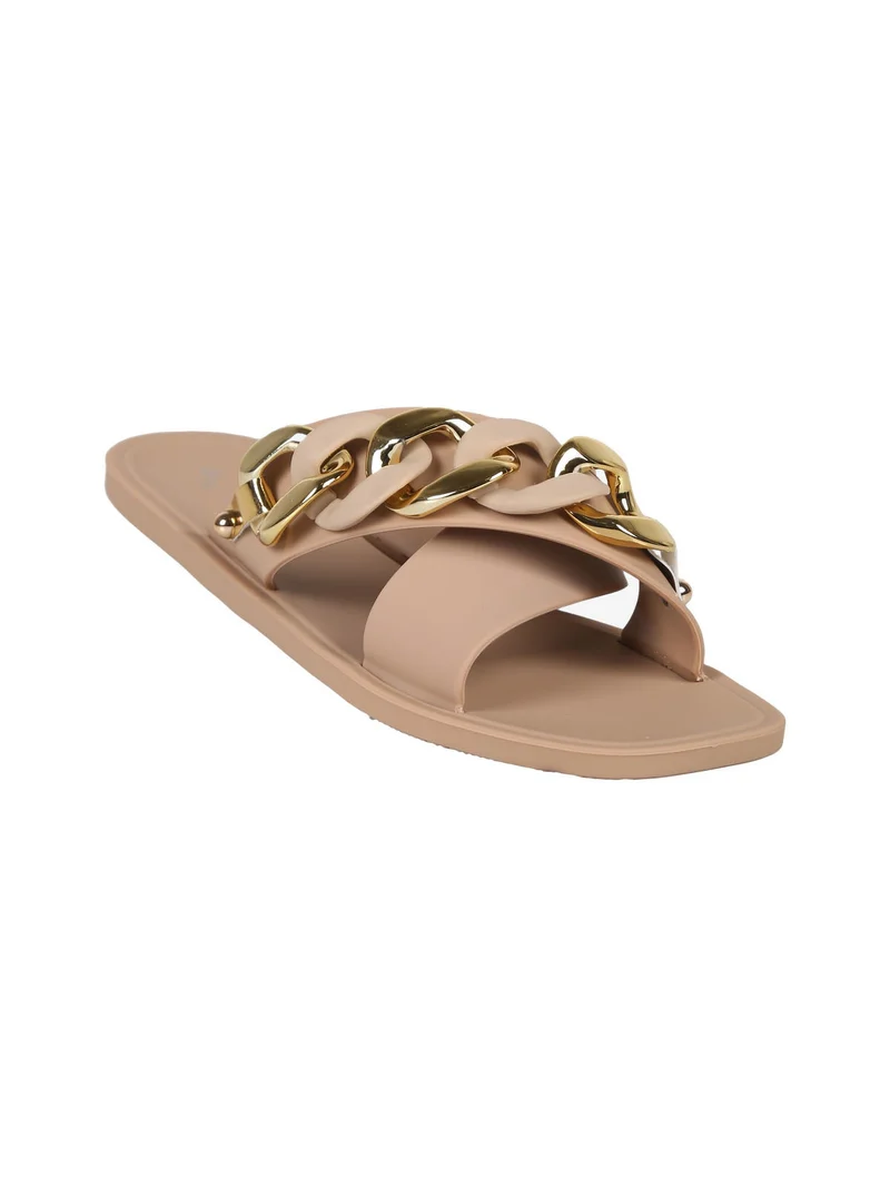 Ciabatte donna in gomma con fascia intrecciata e catena - beige