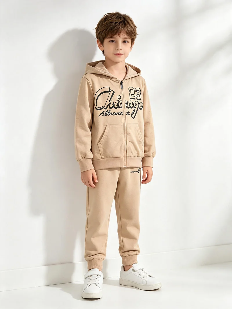 Completo tuta da ragazzo con cappuccio e zip - khaki