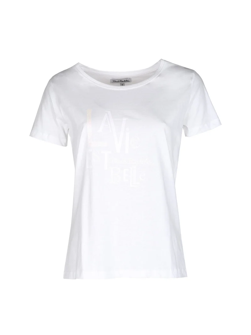 T-shirt girocollo da donna in cotone bielastico con scritta - bianco