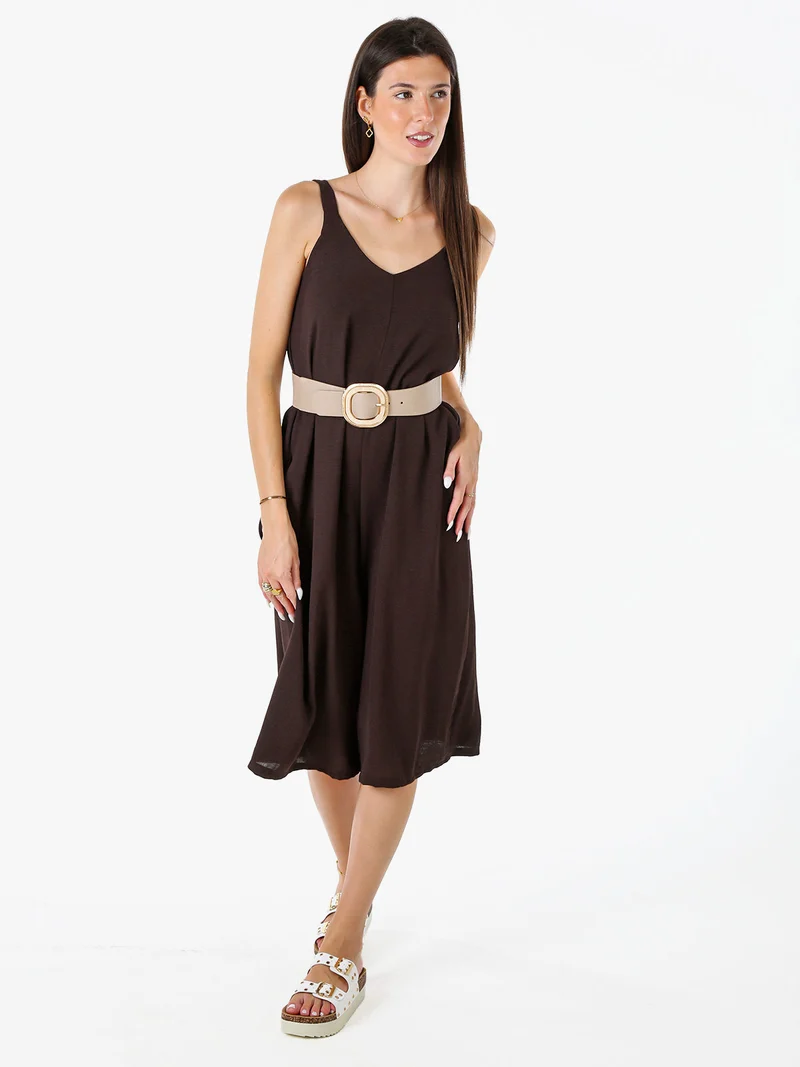 Tuta jumpsuite da donna a spalla stretta con scollo a V - moro
