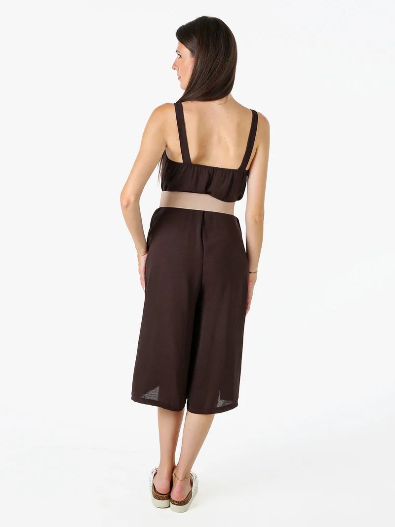 Tuta jumpsuite da donna a spalla stretta con scollo a V - moro