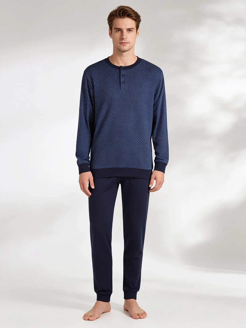 Pigiama lungo da uomo in cotone interlock con stampe - blu