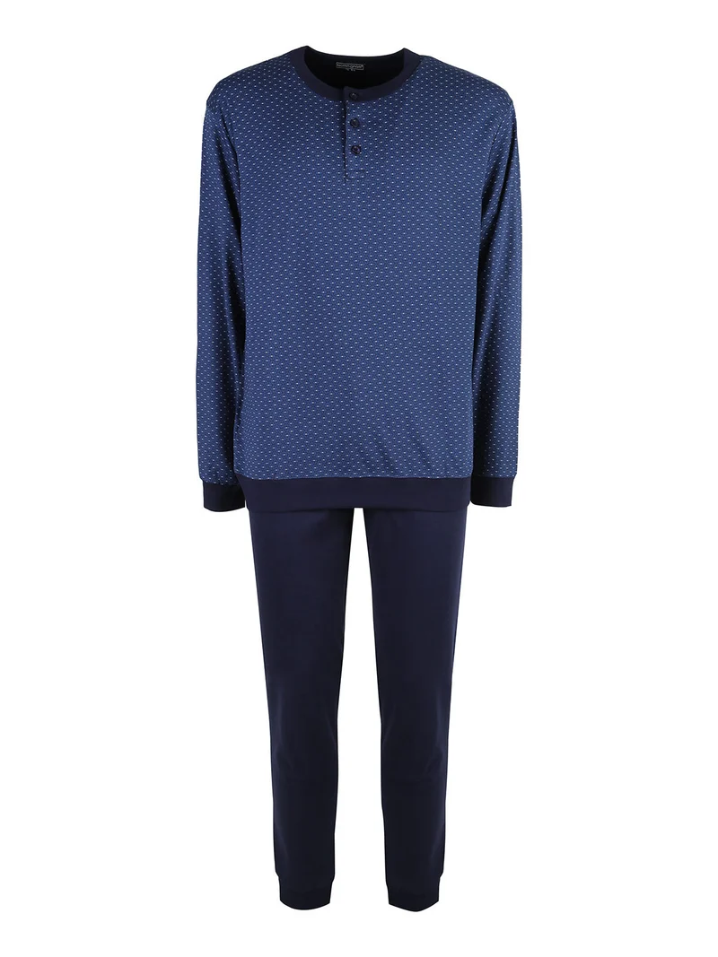 Pigiama lungo da uomo in cotone interlock con stampe - blu