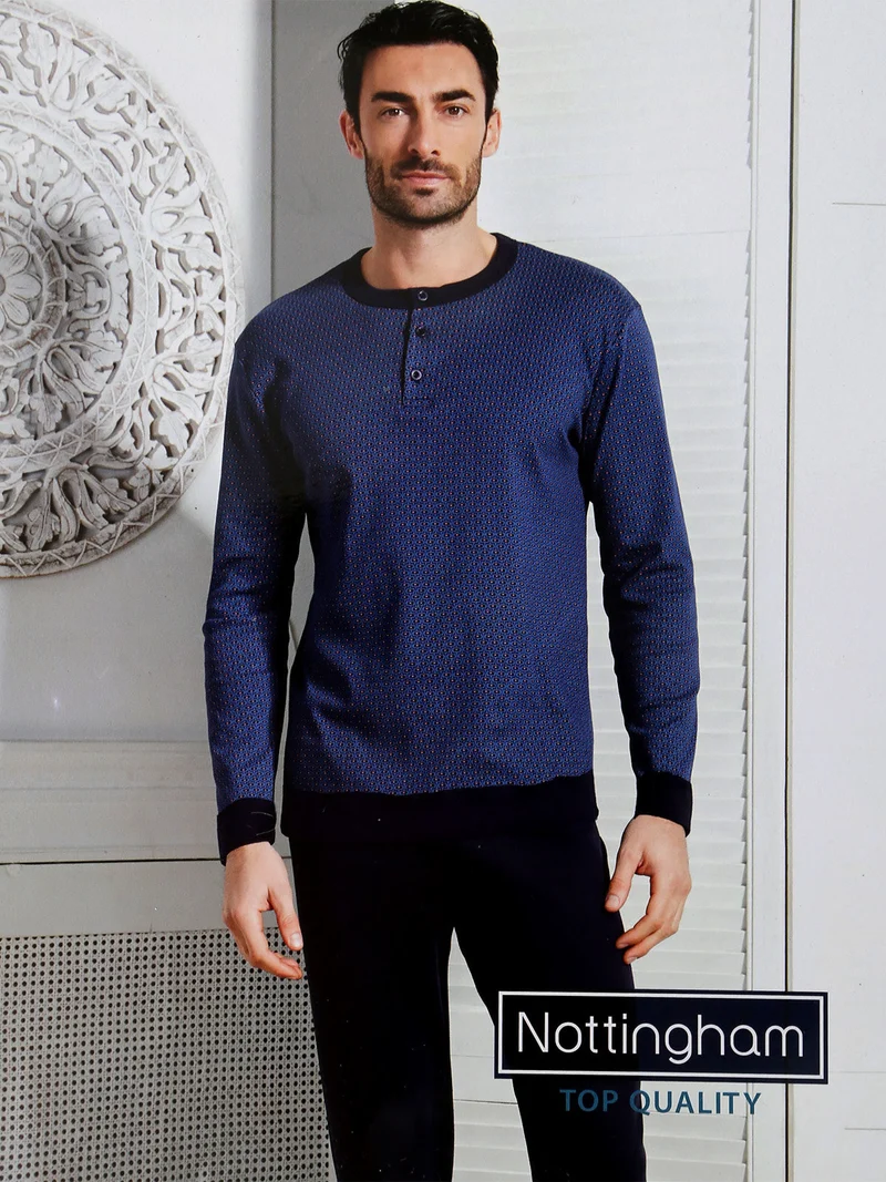 Pigiama lungo da uomo in cotone interlock con stampe - blu