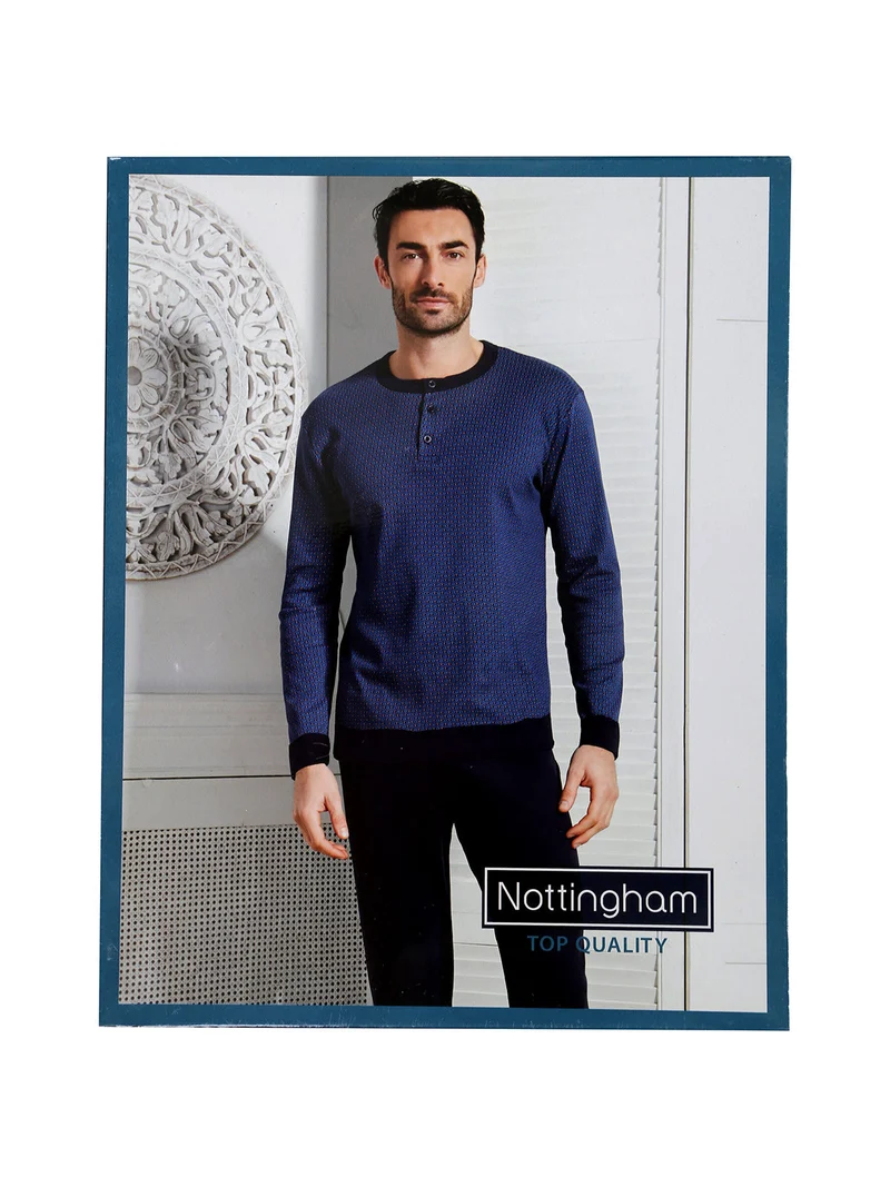 Pigiama lungo da uomo in cotone interlock con stampe - blu