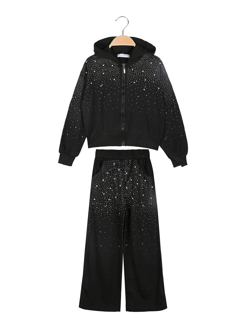 Completo tuta 2 pezzi da bambina con perle e strass - nero