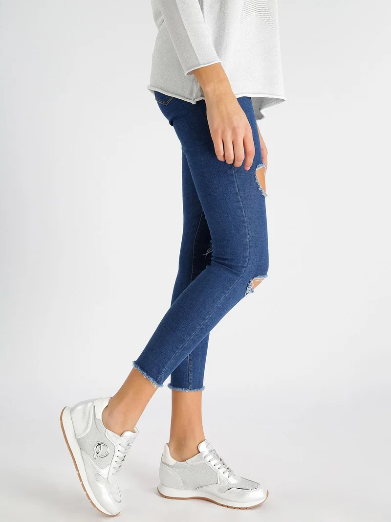Jeggings strappati con frange - blu
