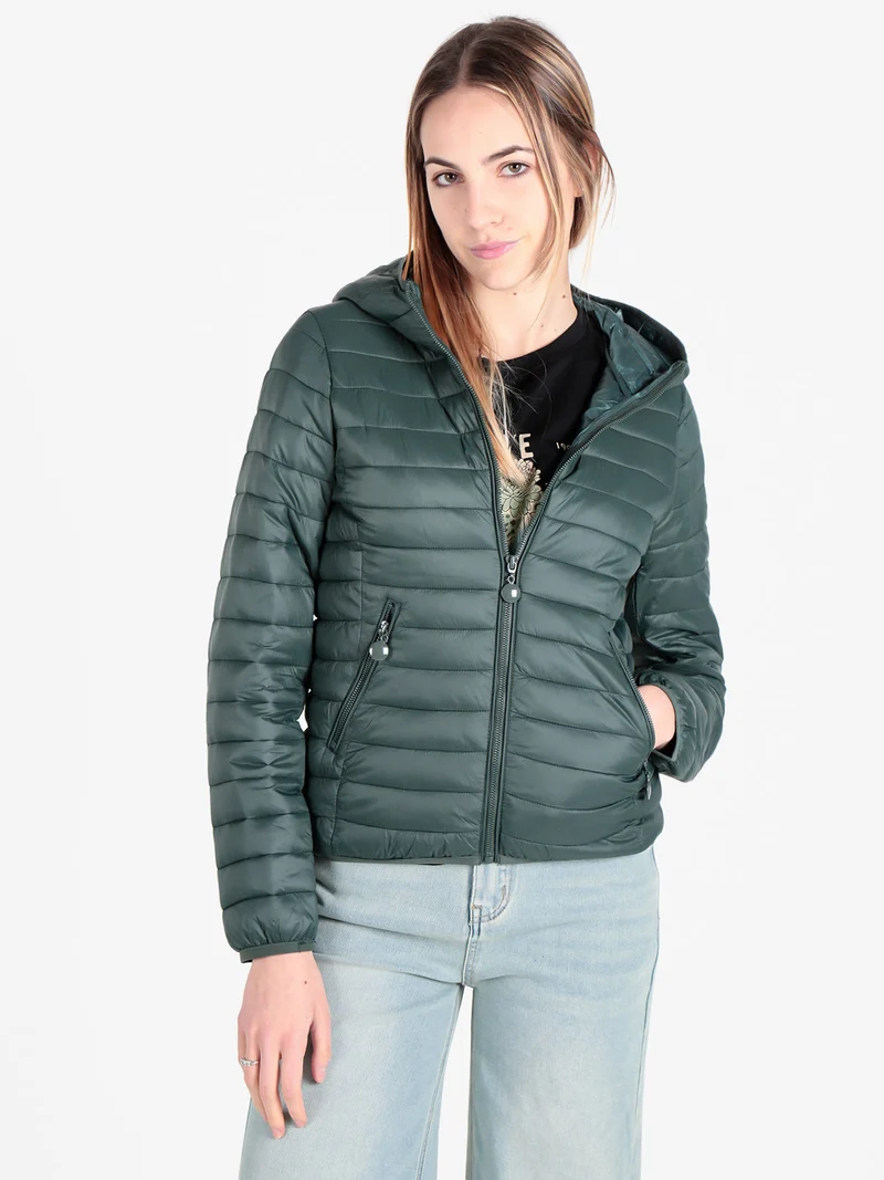 Piumino donna leggero con cappuccio - verde scuro